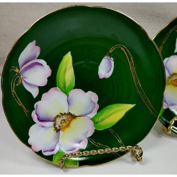 Silver China Occupied Japan Green Hand Painted Flowers Gold Trim Saucer Set Of 3 - Picture 3 of 10